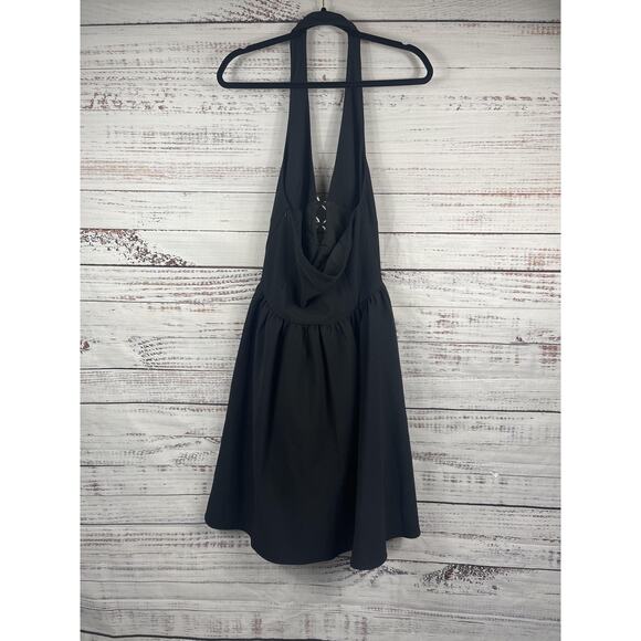Commense Dress Women's Large Black Halter Pearl Bow Plunge Skater Cocktail Party - Picture 12 of 14